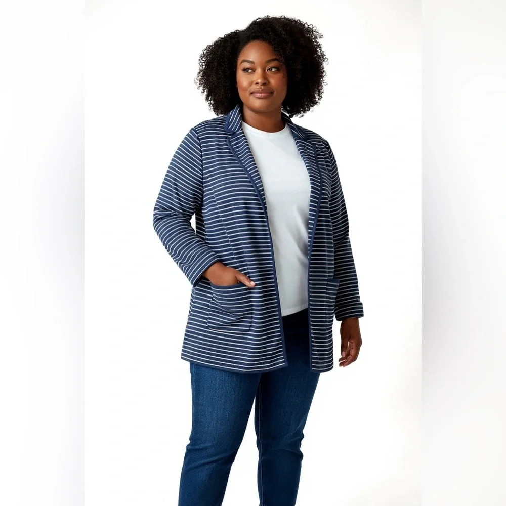 Talbots Plus Size 2X Navy White Stripe Blazer Jacket - Picture 1 of 9